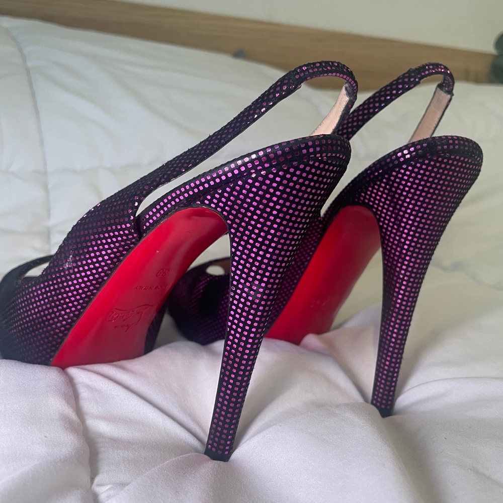 Christian Louboutin Metallic Purple/Black Textured Suede No. Prive Slingback - Picture 2 of 6